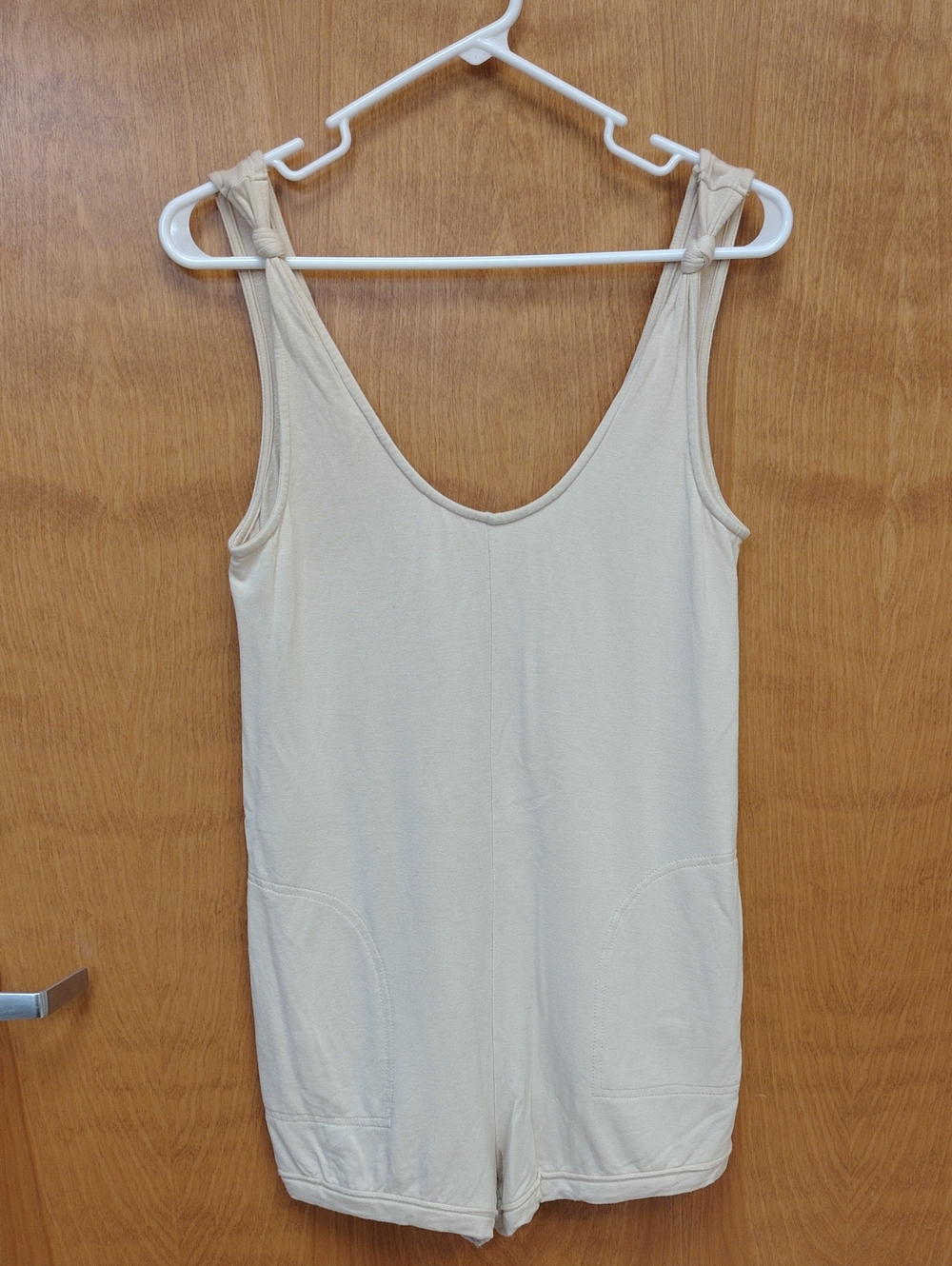Love Riche Light Beige Knit Tank Romper with Knot Straps